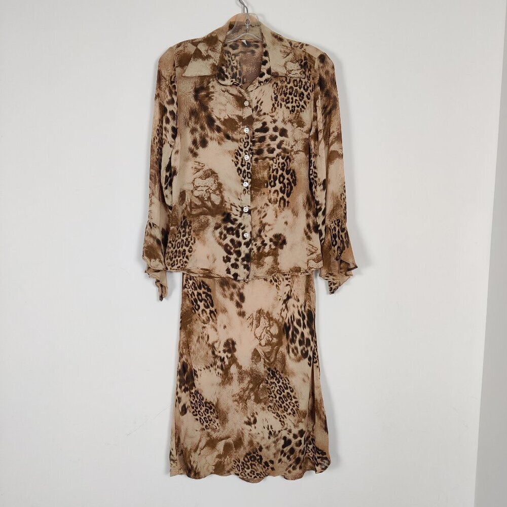 Vintage 90s Women's Animal Print Blouse & Skirt Set Size 1 Medium In Tan Brown
